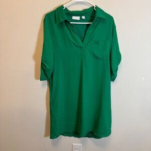 New York & Company Green Dress Womens Medium 3/4 Sleeve Collared Casual‎